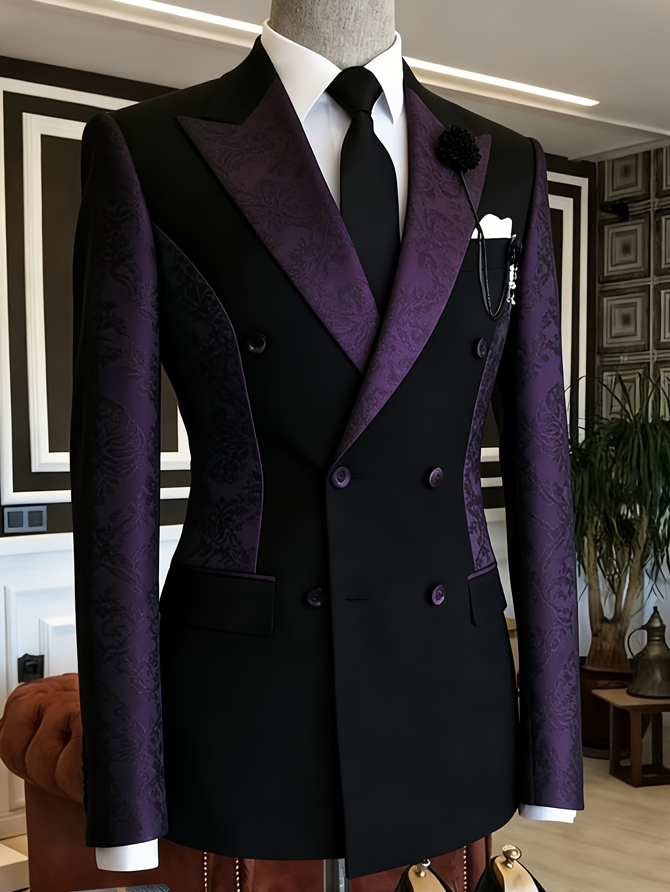 Jack Men'S Grooming - Erkek Siyah Kruvaze Blazer Mor Çiçekli